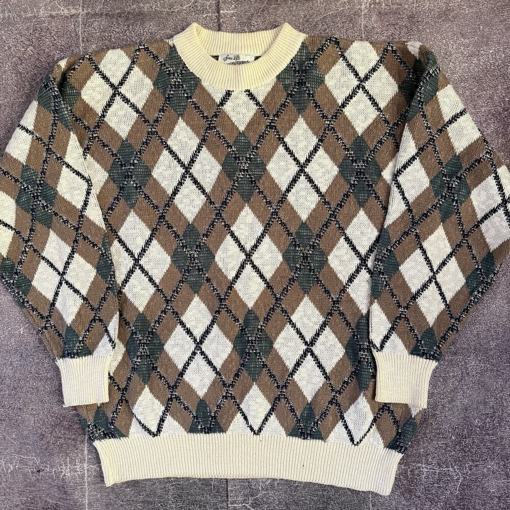 Men's Vintage 80s Sears Argyle Brown Green White Crewneck Pullover Sweater Sz XL